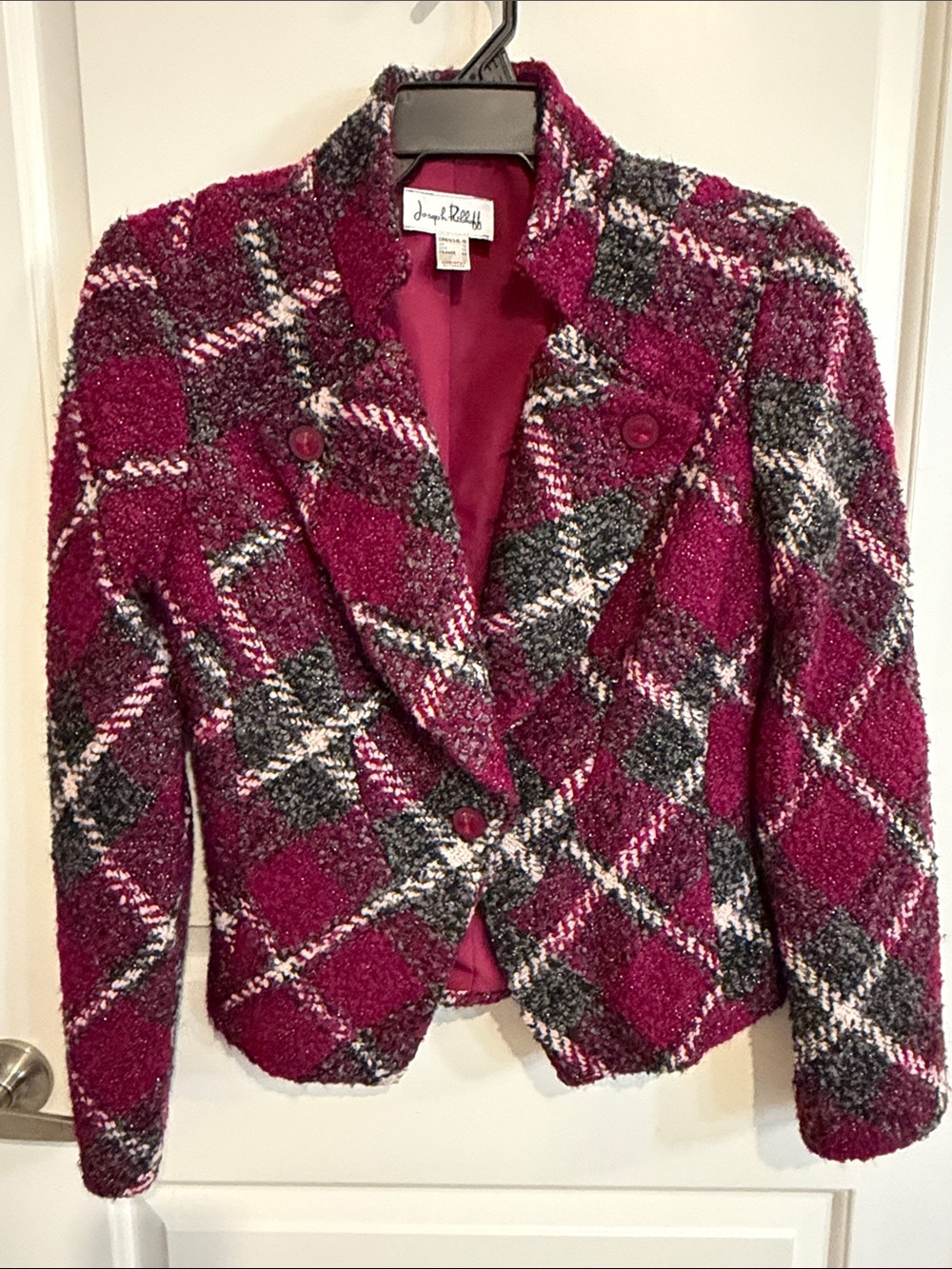 Joseph Ribkoff Raspberry Plaid Bouclé Blazer with Black and Cream Accents